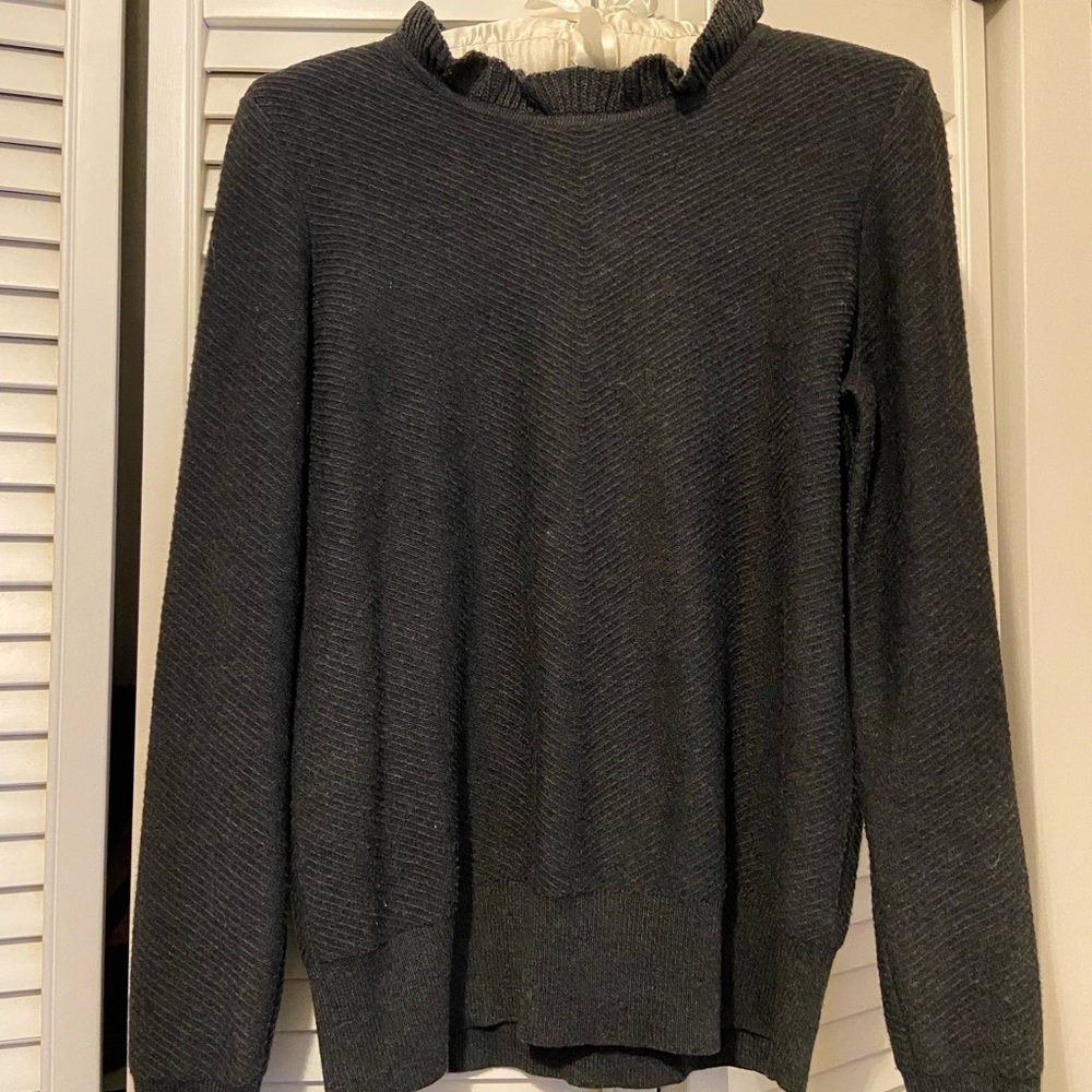 Jcrew Merino wool and cotton sweater with herringbone weave and ruffle neck